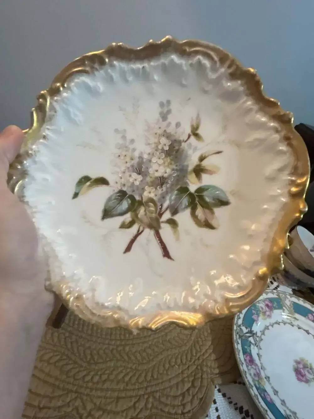 Antique French Porcelain Decorative Plate Hand Painted Lilac Floral Gilded Edge